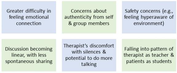 Challenges to building cohesion in group therapy sessions held through video conferencing: Greater difficulty in feeling emotional connection Concerns about authenticity from self and group members Safety concerns (e.g., feeling hyperaware of environment) Discussion becoming linear, with less spontaneous sharing Therapist’s discomfort with silences and potential to do more talking Falling into pattern of therapist as teacher and patients as students