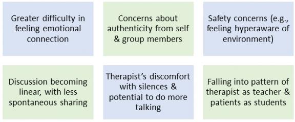 Challenges to building cohesion in group therapy sessions held through video conferencing:  Greater difficulty in feeling emotional connection   Concerns about authenticity from self and group members   Safety concerns (e.g., feeling hyperaware of environment)   Discussion becoming linear, with less spontaneous sharing  Therapist’s discomfort with silences and potential to do more talking   Falling into pattern of therapist as teacher and patients as students 