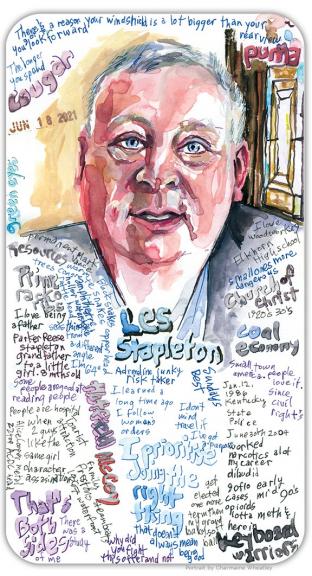 Watercolor portrait of Les Stapleton surrounded by handwriting