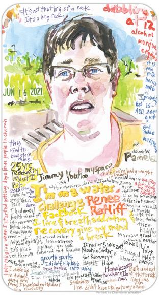 Watercolor portrait of Reneé Ratliff surrounded by handwriting