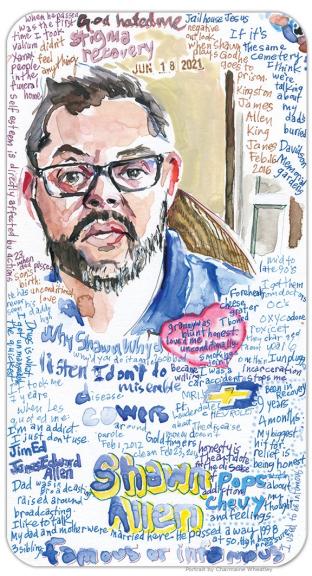 Watercolor portrait of Shawn Allen surrounded by handwriting