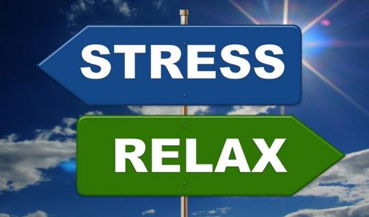 Signpost positing opposite directions labeled "stress" and "relax"